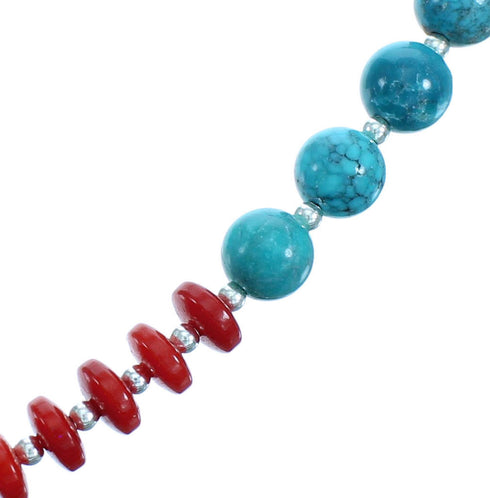 Southwestern Turquoise And Coral Sterling Silver Bead Necklace SX115072
