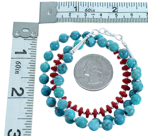 Southwestern Turquoise And Coral Sterling Silver Bead Necklace SX115072