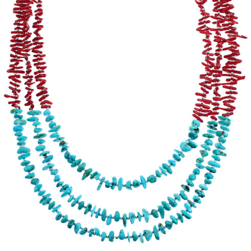 Turquoise And Coral Sterling Silver 3-Strand Bead Necklace SX115150