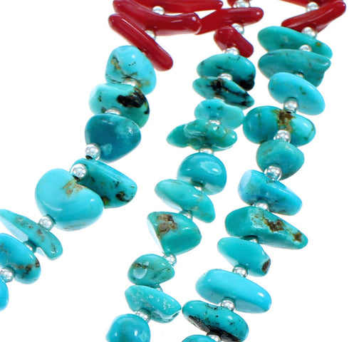 Turquoise And Coral Sterling Silver 3-Strand Bead Necklace SX115150