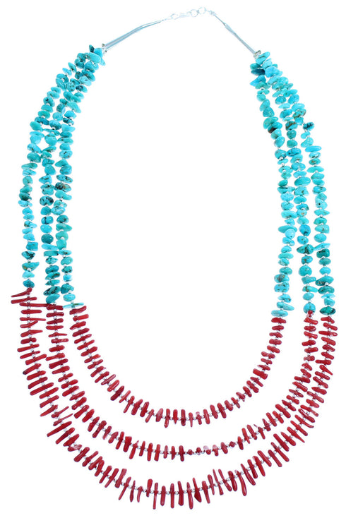 Sterling Silver 3-Strand Turquoise And Coral Bead Necklace SX115151