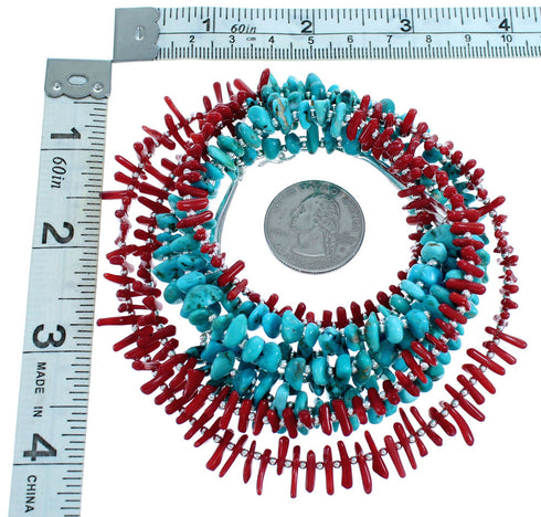 Sterling Silver 3-Strand Turquoise And Coral Bead Necklace SX115151