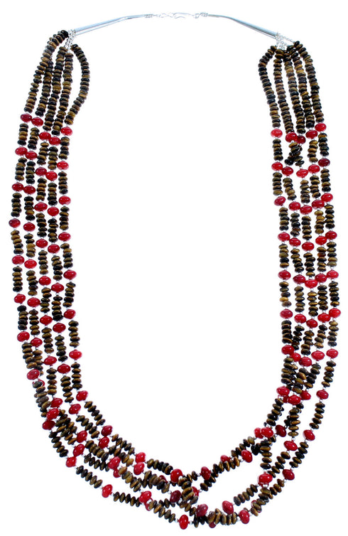 Tiger Eye And Coral 5-Strand Sterling Silver Bead Necklace SX115152