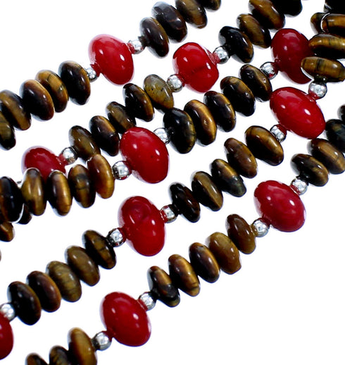 Tiger Eye And Coral 5-Strand Sterling Silver Bead Necklace SX115152
