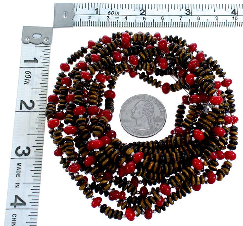 Tiger Eye And Coral 5-Strand Sterling Silver Bead Necklace SX115152