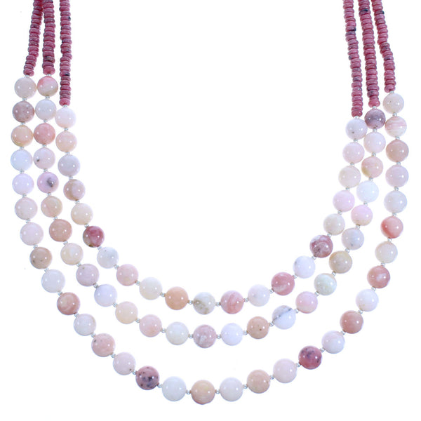 Rhodochrosite And Pink Opal Agate Sterling Silver 3-Strand Bead Necklace RX115202