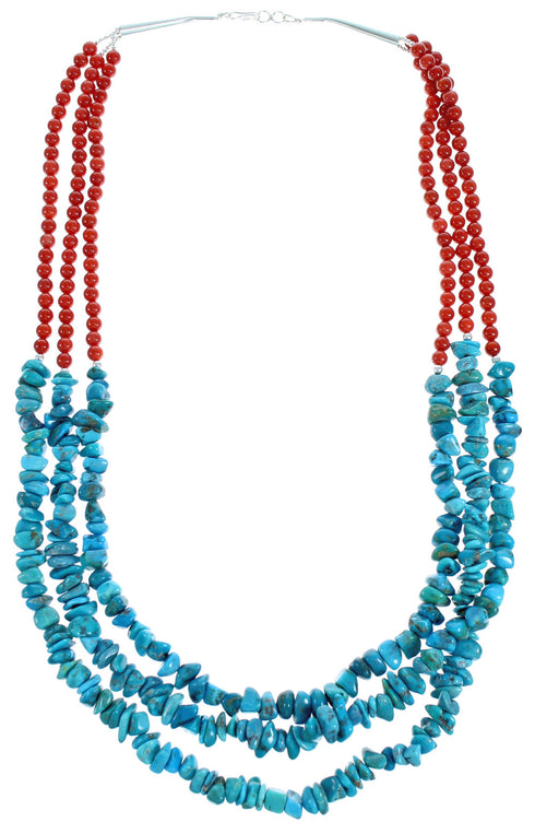 Southwest Turquoise Coral Sterling Silver 3-Strand Bead Necklace RX115204