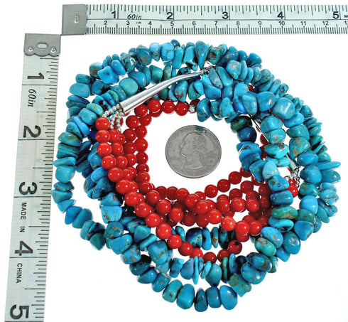 Southwest Turquoise Coral Sterling Silver 3-Strand Bead Necklace RX115204