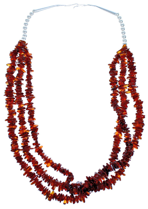 Amber And Sterling Silver 3-Strand Southwest Bead Necklace SX115297