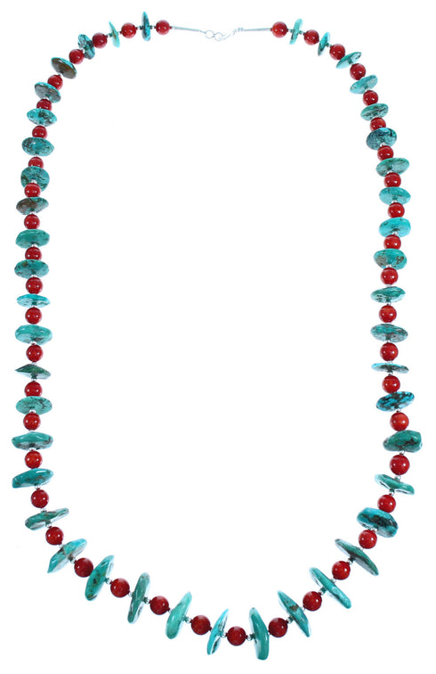 Southwestern Turquoise And Coral Sterling Silver Bead Necklace DX117032