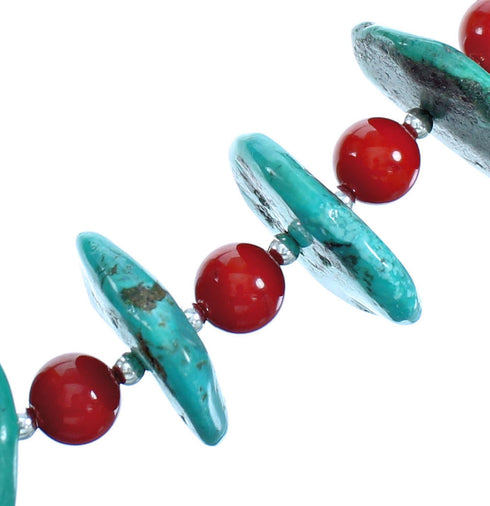 Southwestern Turquoise And Coral Sterling Silver Bead Necklace DX117032