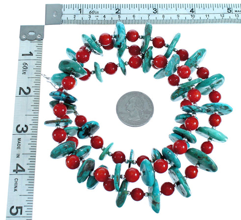 Southwestern Turquoise And Coral Sterling Silver Bead Necklace DX117032