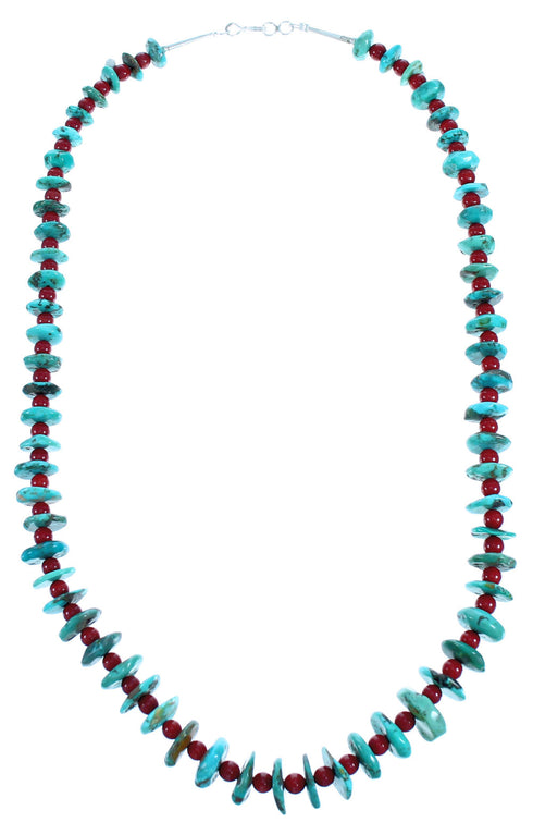 Southwest Genuine Sterling Silver Turquoise Coral Bead Necklace DX117028