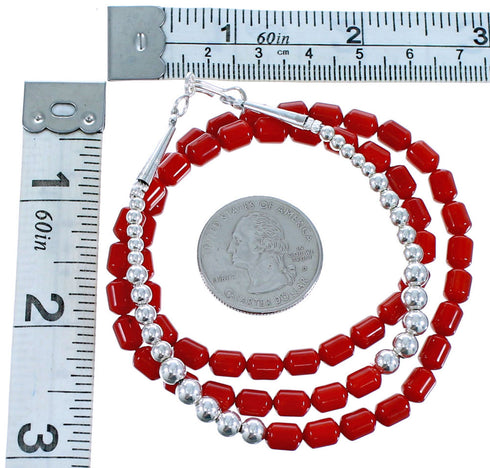 Southwest Coral and Genuine Sterling Silver Bead Necklace DX117348