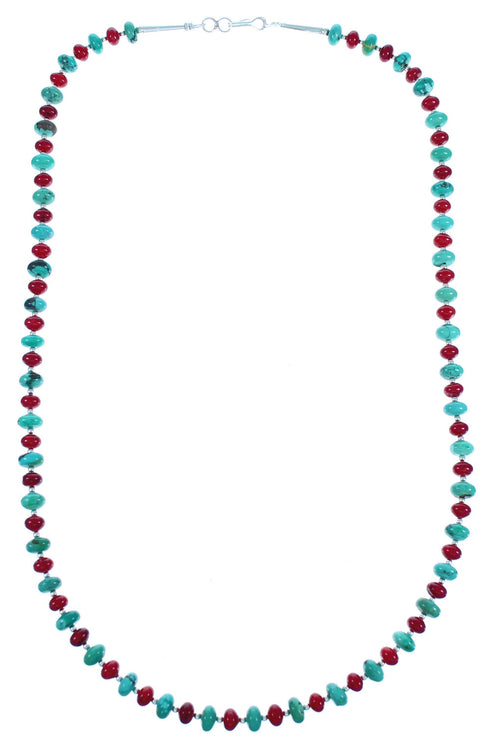 Turquoise and Coral Authentic Sterling Silver Bead Necklace DX117707