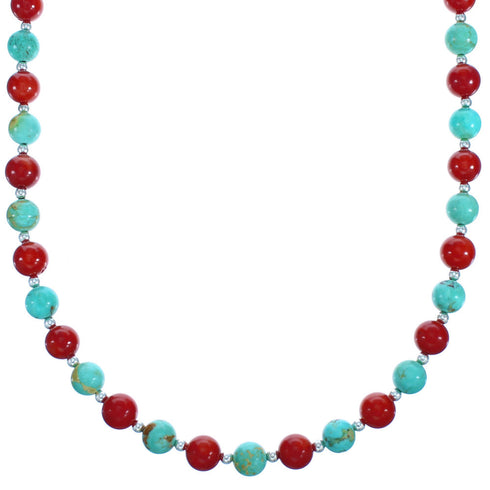 Southwest Turquoise and Coral Sterling Silver Bead Necklace DX117797