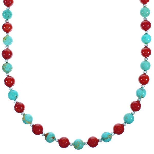 Southwest Turquoise and Coral Sterling Silver Bead Necklace DX117797