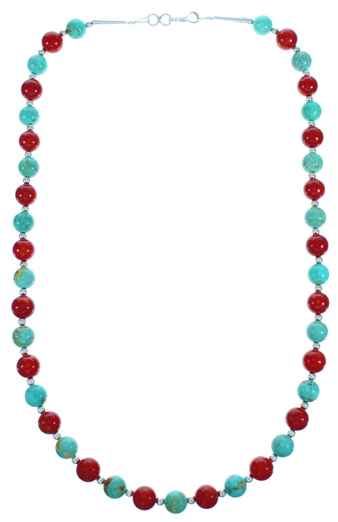 Southwest Turquoise and Coral Sterling Silver Bead Necklace DX117797
