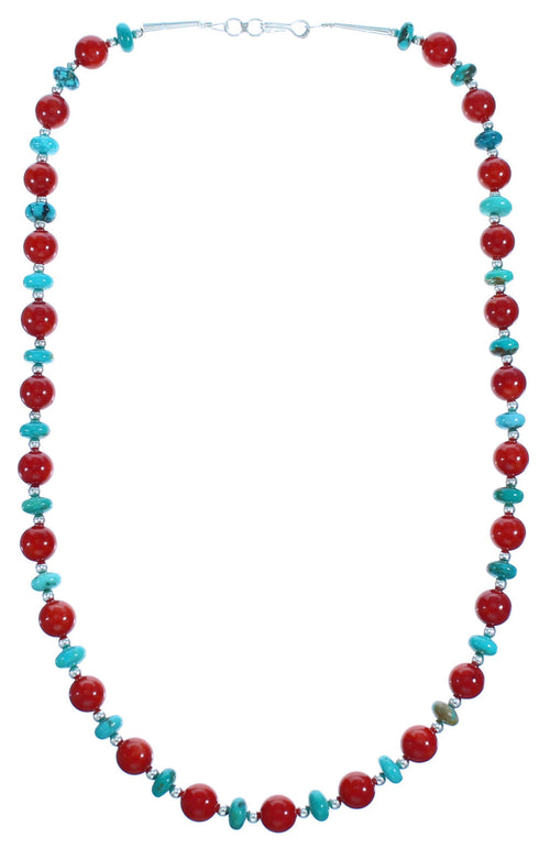 Southwest Turquoise and Coral Sterling Silver Bead Necklace DX117799