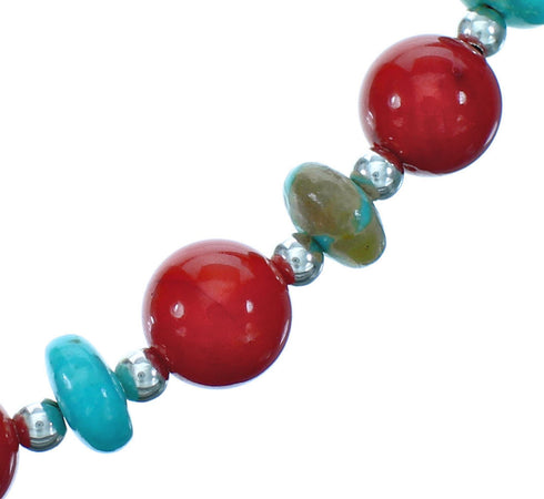 Southwest Turquoise and Coral Sterling Silver Bead Necklace DX117799