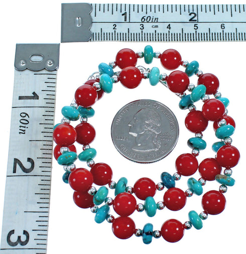 Southwest Turquoise and Coral Sterling Silver Bead Necklace DX117799