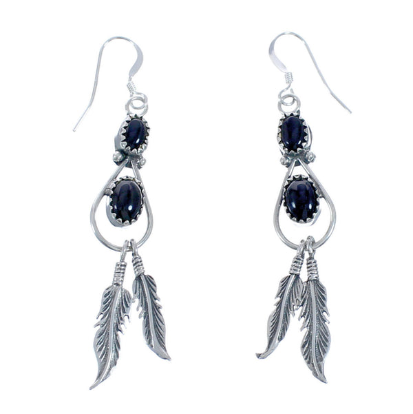 Feather Black Onyx and Sterling Silver Navajo Hook Dangle Earrings CB118278