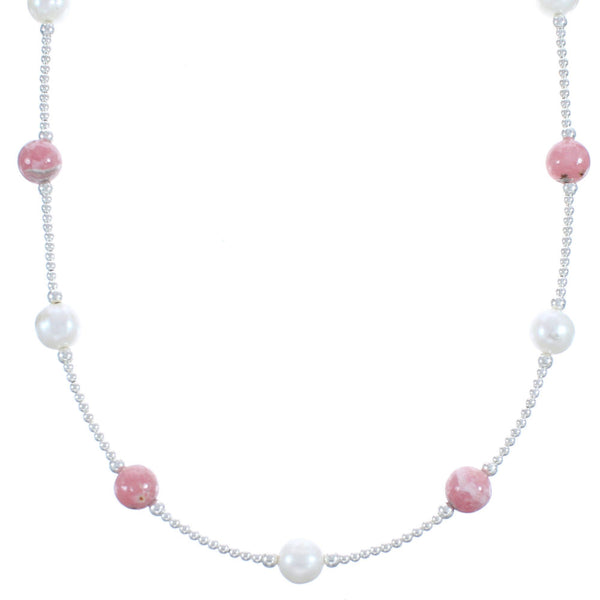 Fresh Water Pearl Sterling Silver Rhodochrosite Bead Necklace BX118721