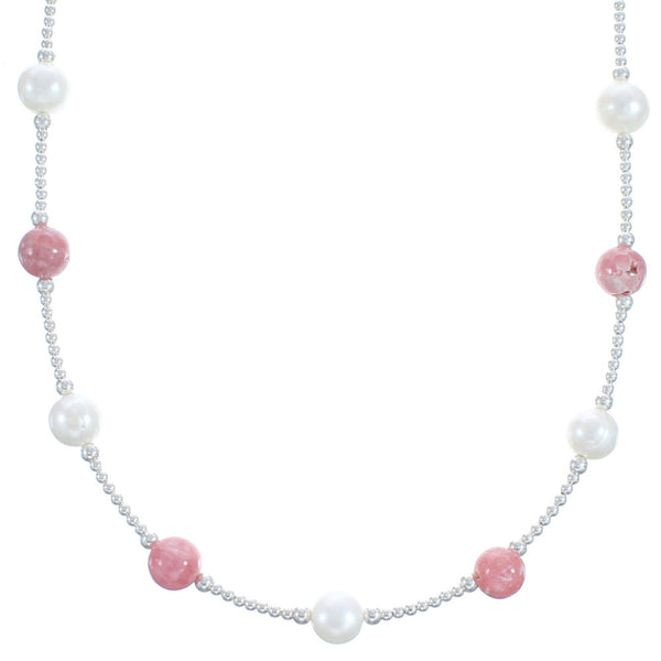 Rhodochrosite Sterling Silver Fresh Water Pearl Bead Necklace BX118726