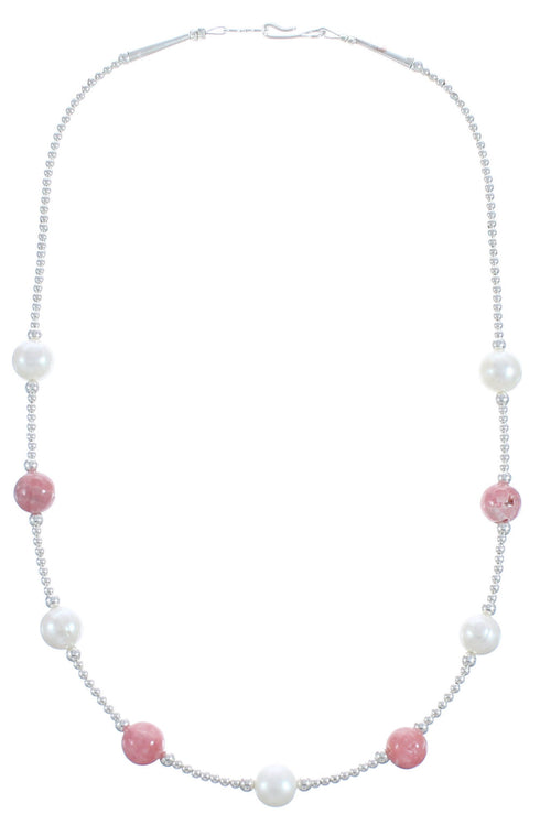 Rhodochrosite Sterling Silver Fresh Water Pearl Bead Necklace BX118726