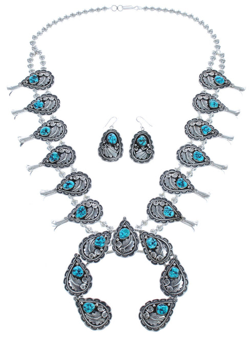 American Indian Genuine Sterling Silver Leaf Turquoise Squash Blossom Necklace Set RX119044