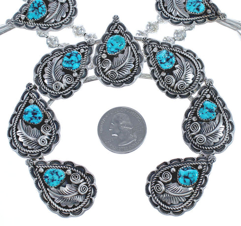 American Indian Genuine Sterling Silver Leaf Turquoise Squash Blossom Necklace Set RX119044