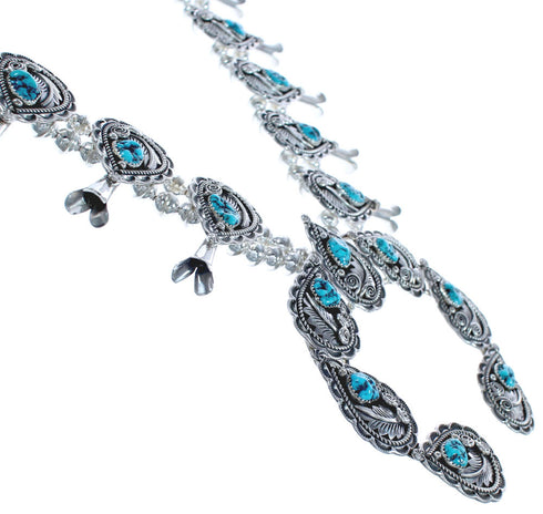 American Indian Genuine Sterling Silver Leaf Turquoise Squash Blossom Necklace Set RX119044