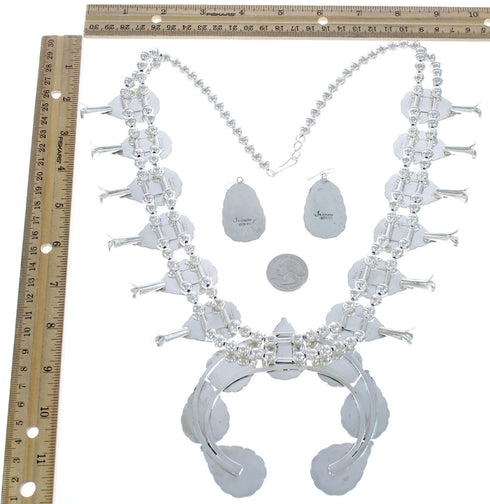 American Indian Genuine Sterling Silver Leaf Turquoise Squash Blossom Necklace Set RX119044