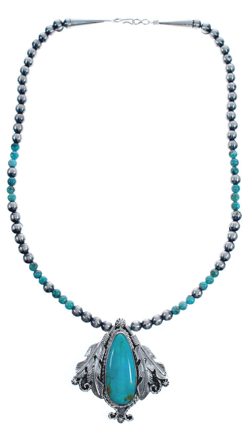 American Indian Feather Turquoise Sterling Silver Bead Necklace BX118919