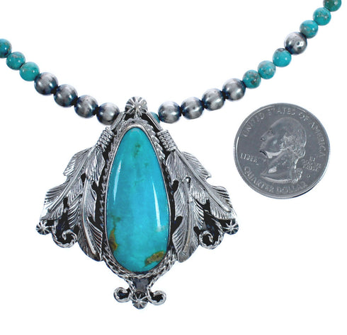 American Indian Feather Turquoise Sterling Silver Bead Necklace BX118919