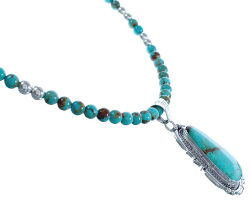 Twisted Sterling Silver Turquoise American Indian Bead Necklace Pendant Set BX119571