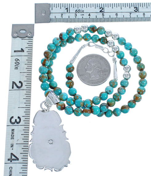 Twisted Sterling Silver Turquoise American Indian Bead Necklace Pendant Set BX119571