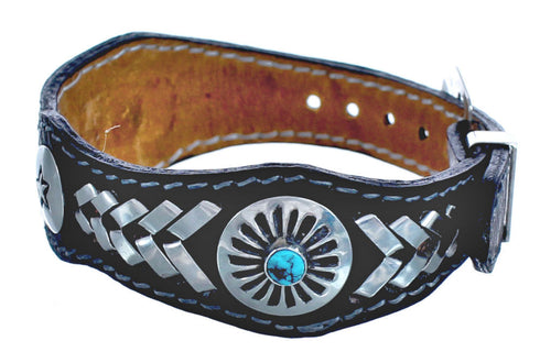 American Indian Turquoise Leather Sterling Silver Star Bracelet RX118899