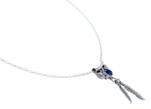 Lapis American Indian Sterling Silver Feather Chain Necklace RX119316