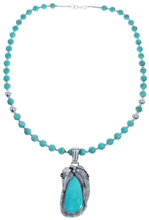 Turquoise Authentic Sterling Silver Navajo Leaf Bead Necklace Set BX119080