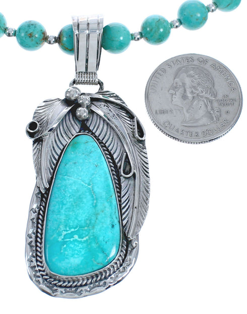 Turquoise Authentic Sterling Silver Navajo Leaf Bead Necklace Set BX119080