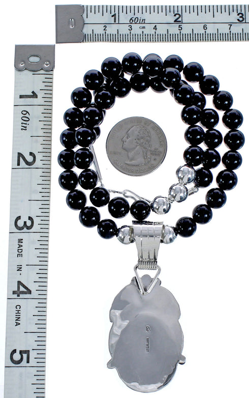American Indian Onyx Authentic Sterling Silver Leaf Bead Necklace BX119117