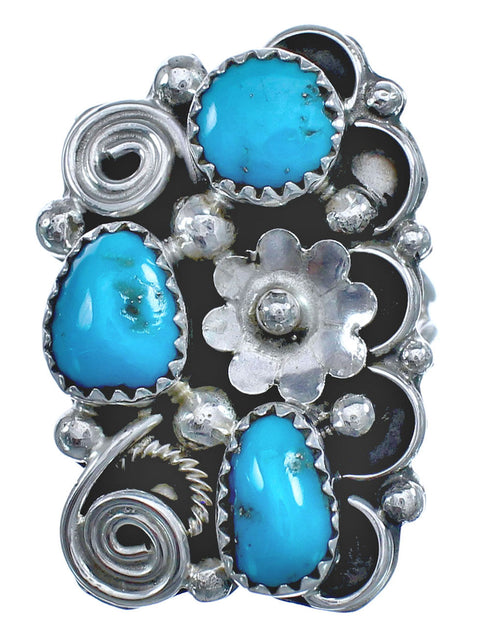 Authentic Sterling Silver Turquoise Flower Native American Ring Size 7-3/4 BX120094