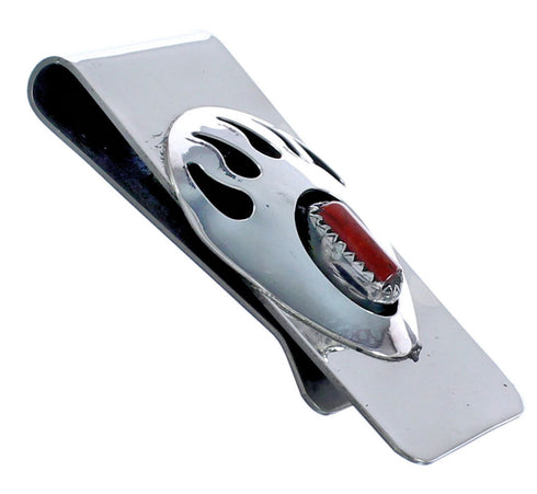 Navajo Sterling Silver Bear Paw Coral Money Clip BX120450
