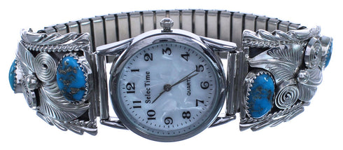 Authentic Sterling Silver Scalloped Leaf Turquoise Native American Watch BX120355