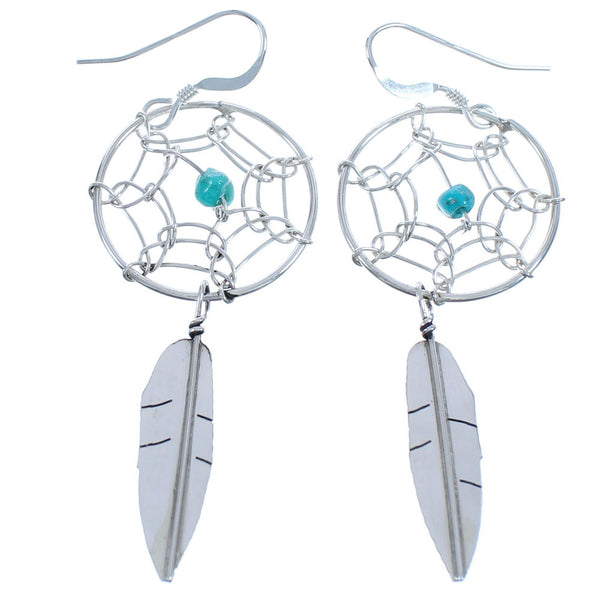 Turquoise Dream Catcher Feather Sterling Silver Navajo Hook Dangle Earrings NX11499