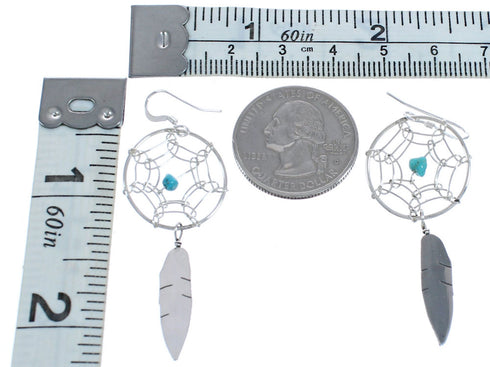 Turquoise Dream Catcher Feather Sterling Silver Navajo Hook Dangle Earrings NX11499