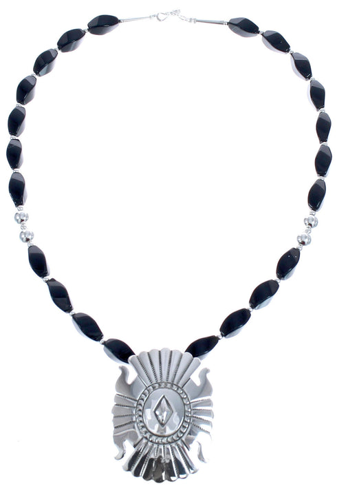 Onyx Sterling Silver Navajo Bead Necklace With Pendant BX120469