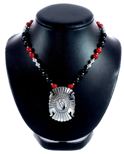 Navajo Sterling Silver Coral And Onyx Bead Necklace BX120472