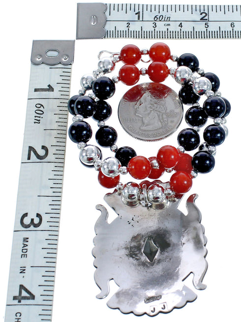 Navajo Sterling Silver Coral And Onyx Bead Necklace BX120472